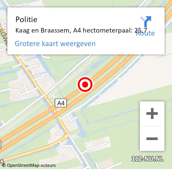 Locatie op kaart van de 112 melding: Politie Kaag en Braassem, A4 hectometerpaal: 25,7 op 6 september 2021 21:37