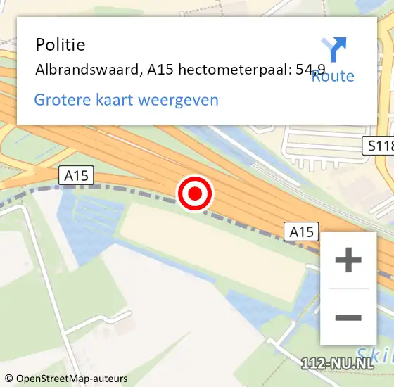 Locatie op kaart van de 112 melding: Politie Albrandswaard, A15 hectometerpaal: 54,9 op 6 september 2021 23:38