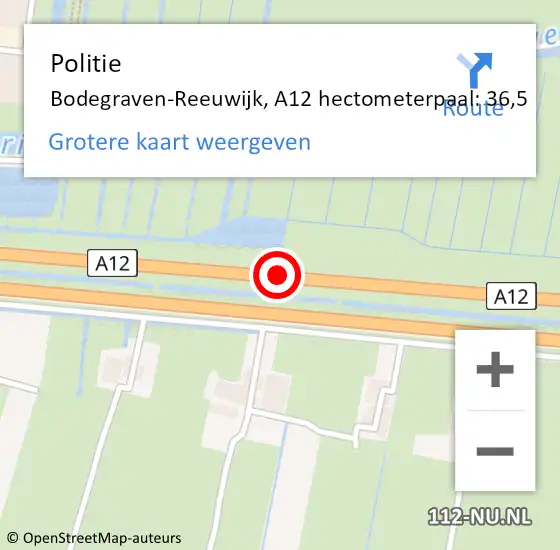 Locatie op kaart van de 112 melding: Politie Bodegraven-Reeuwijk, A12 hectometerpaal: 36,5 op 7 september 2021 03:41