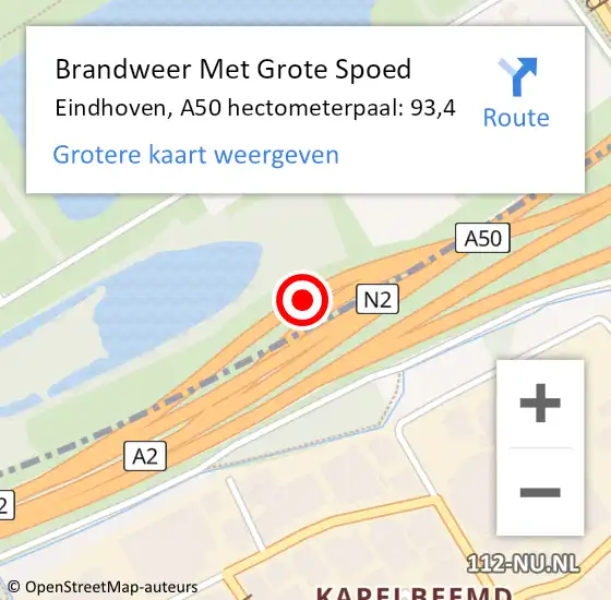 Locatie op kaart van de 112 melding: Brandweer Met Grote Spoed Naar Eindhoven, A50 hectometerpaal: 93,4 op 7 september 2021 04:37