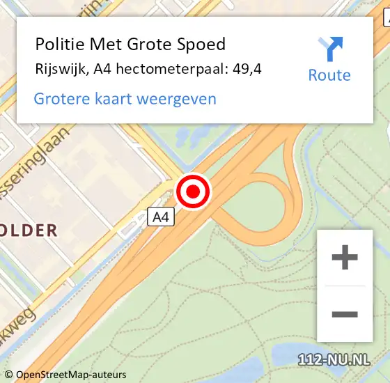Locatie op kaart van de 112 melding: Politie Met Grote Spoed Naar Rijswijk, A4 hectometerpaal: 49,4 op 7 september 2021 07:56