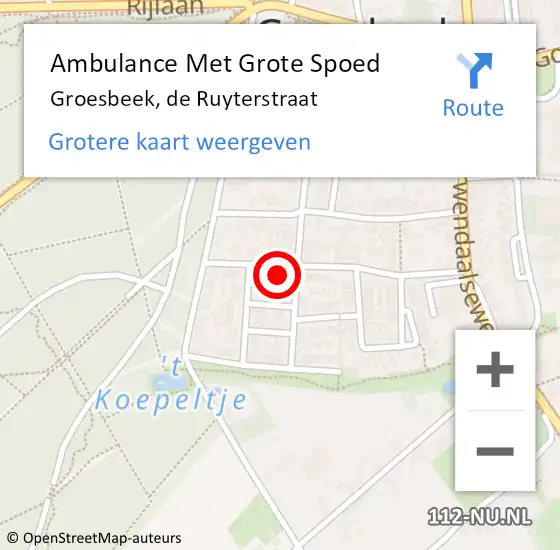 Locatie op kaart van de 112 melding: Ambulance Met Grote Spoed Naar Groesbeek, de Ruyterstraat op 7 september 2021 11:21