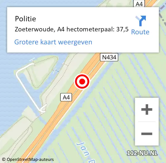 Locatie op kaart van de 112 melding: Politie Zoeterwoude, A4 hectometerpaal: 37,5 op 7 september 2021 13:51