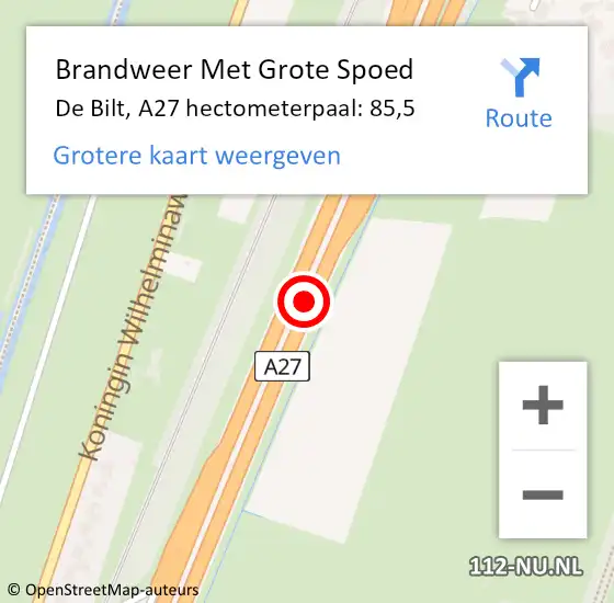 Locatie op kaart van de 112 melding: Brandweer Met Grote Spoed Naar De Bilt, A27 hectometerpaal: 85,5 op 7 september 2021 14:00