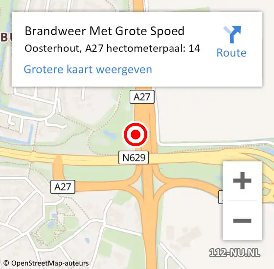Locatie op kaart van de 112 melding: Brandweer Met Grote Spoed Naar Oosterhout, A27 hectometerpaal: 14 op 7 september 2021 14:07