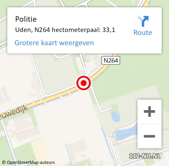 Locatie op kaart van de 112 melding: Politie Uden, N264 hectometerpaal: 33,1 op 7 september 2021 14:42