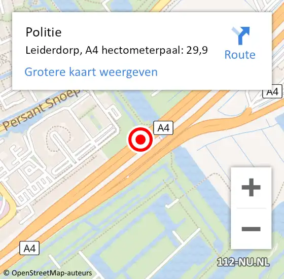 Locatie op kaart van de 112 melding: Politie Leiderdorp, A4 hectometerpaal: 29,9 op 7 september 2021 15:59