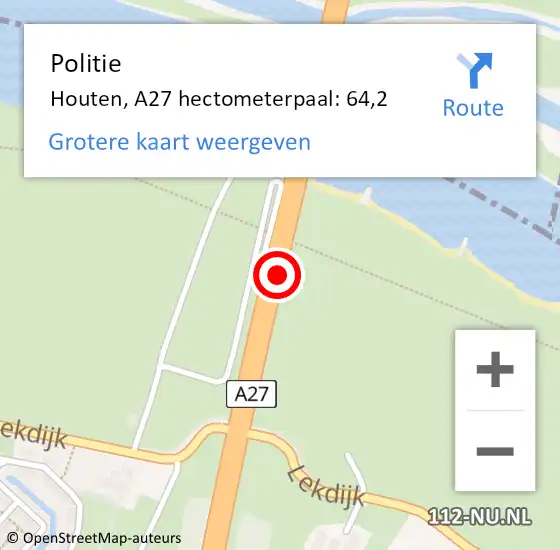 Locatie op kaart van de 112 melding: Politie Houten, A27 hectometerpaal: 64,2 op 7 september 2021 16:02