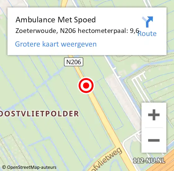 Locatie op kaart van de 112 melding: Ambulance Met Spoed Naar Zoeterwoude, N206 hectometerpaal: 9,6 op 7 september 2021 16:43