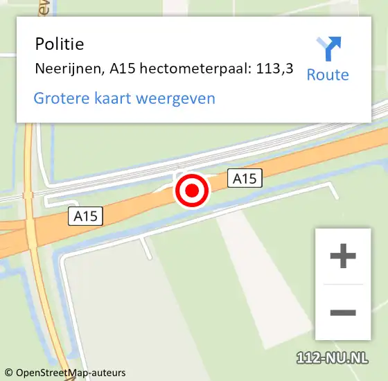 Locatie op kaart van de 112 melding: Politie Neerijnen, A15 hectometerpaal: 113,3 op 7 september 2021 16:52
