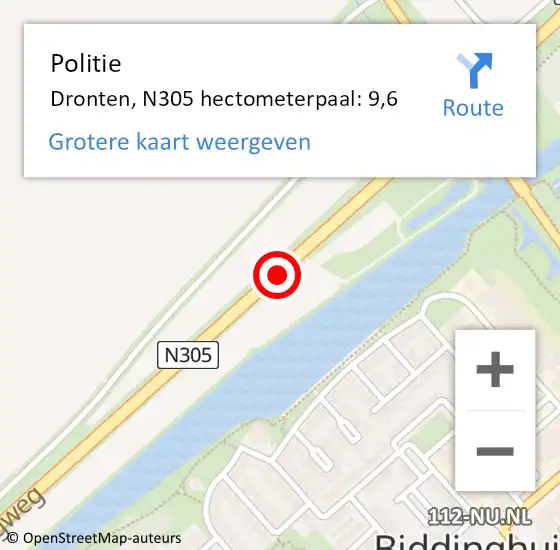Locatie op kaart van de 112 melding: Politie Dronten, N305 hectometerpaal: 9,6 op 7 september 2021 17:08