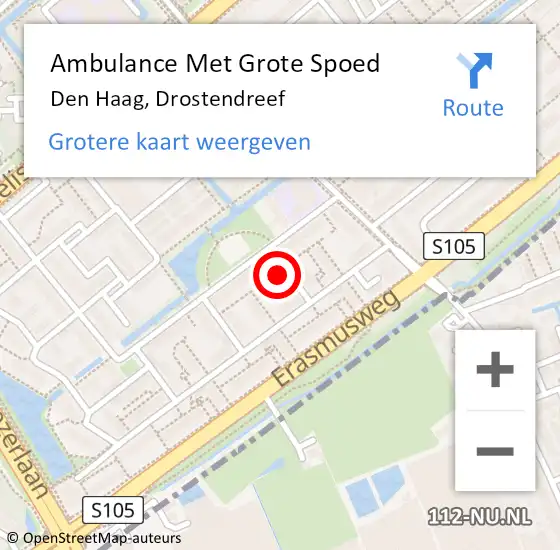 Locatie op kaart van de 112 melding: Ambulance Met Grote Spoed Naar Den Haag, Drostendreef op 7 september 2021 20:26