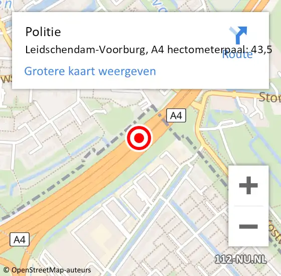 Locatie op kaart van de 112 melding: Politie Leidschendam-Voorburg, A4 hectometerpaal: 43,5 op 7 september 2021 21:39