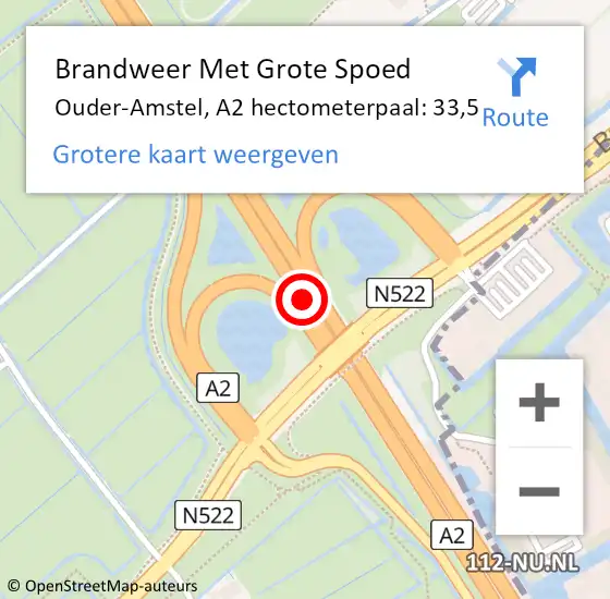 Locatie op kaart van de 112 melding: Brandweer Met Grote Spoed Naar Ouder-Amstel, A2 hectometerpaal: 33,5 op 7 september 2021 21:42