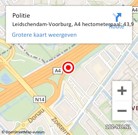 Locatie op kaart van de 112 melding: Politie Leidschendam-Voorburg, A4 hectometerpaal: 43,9 op 7 september 2021 23:21