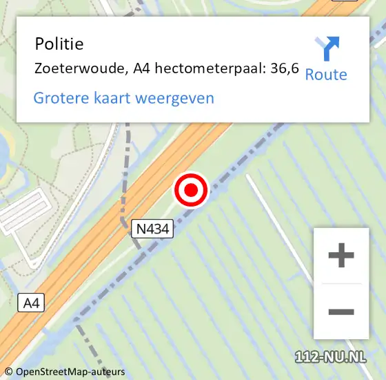 Locatie op kaart van de 112 melding: Politie Zoeterwoude, A4 hectometerpaal: 36,6 op 8 september 2021 01:04