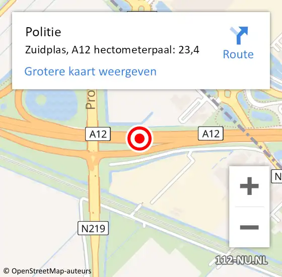 Locatie op kaart van de 112 melding: Politie Zuidplas, A12 hectometerpaal: 23,4 op 8 september 2021 07:34