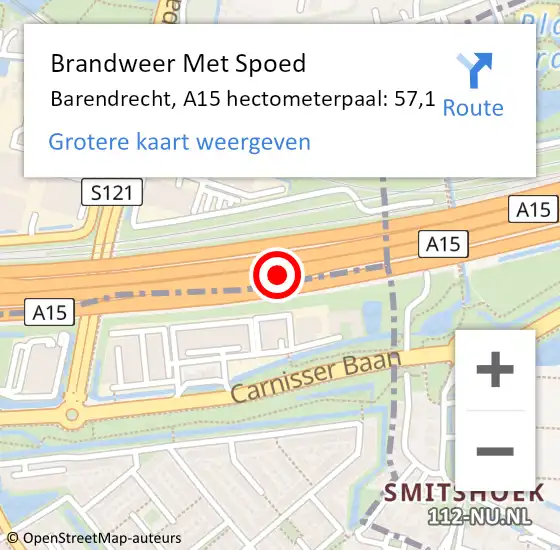 Locatie op kaart van de 112 melding: Brandweer Met Spoed Naar Barendrecht, A15 hectometerpaal: 57,1 op 8 september 2021 09:24