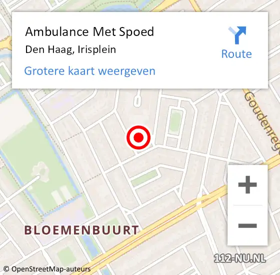 Locatie op kaart van de 112 melding: Ambulance Met Spoed Naar Den Haag, Irisplein op 8 september 2021 09:46