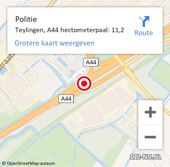Locatie op kaart van de 112 melding: Politie Teylingen, A44 hectometerpaal: 11,2 op 8 september 2021 10:04