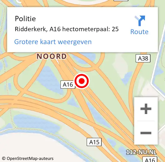 Locatie op kaart van de 112 melding: Politie Ridderkerk, A16 hectometerpaal: 25 op 8 september 2021 11:11