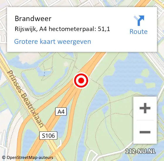 Locatie op kaart van de 112 melding: Brandweer Rijswijk, A4 hectometerpaal: 51,1 op 8 september 2021 11:54