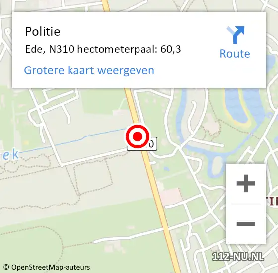 Locatie op kaart van de 112 melding: Politie Ede, N310 hectometerpaal: 60,3 op 8 september 2021 12:30