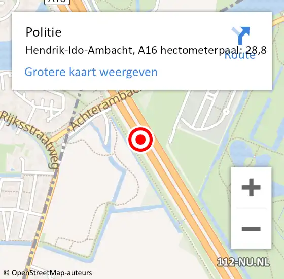 Locatie op kaart van de 112 melding: Politie Ridderkerk, A16 hectometerpaal: 28,8 op 8 september 2021 12:45