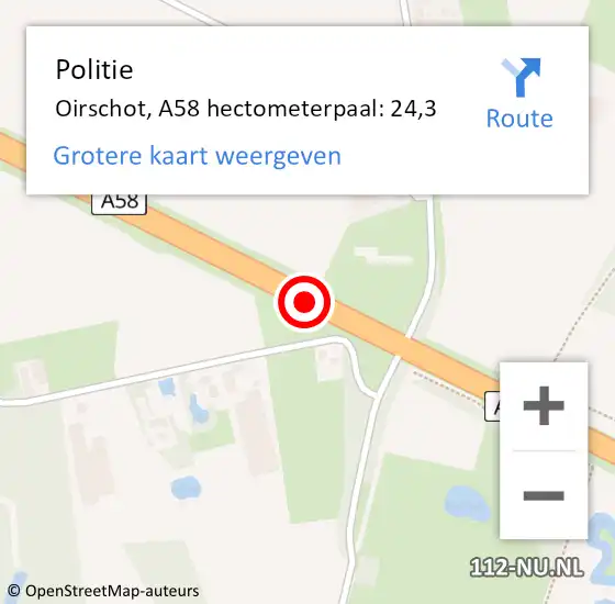 Locatie op kaart van de 112 melding: Politie Oirschot, A58 hectometerpaal: 24,3 op 8 september 2021 13:47