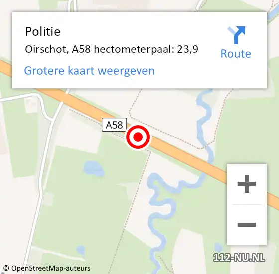 Locatie op kaart van de 112 melding: Politie Oirschot, A58 hectometerpaal: 23,9 op 8 september 2021 13:48