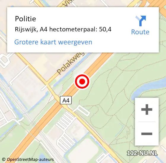 Locatie op kaart van de 112 melding: Politie Rijswijk, A4 hectometerpaal: 50,4 op 8 september 2021 14:03
