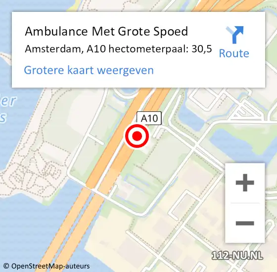 Locatie op kaart van de 112 melding: Ambulance Met Grote Spoed Naar Amsterdam, A10 hectometerpaal: 30,5 op 8 september 2021 14:13