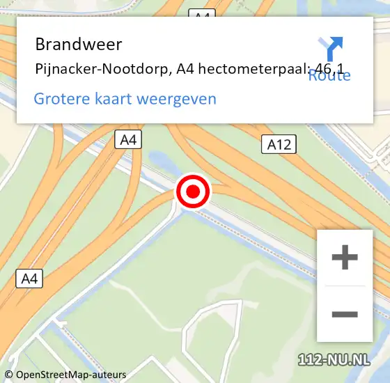 Locatie op kaart van de 112 melding: Brandweer Pijnacker-Nootdorp, A4 hectometerpaal: 46,1 op 8 september 2021 14:17