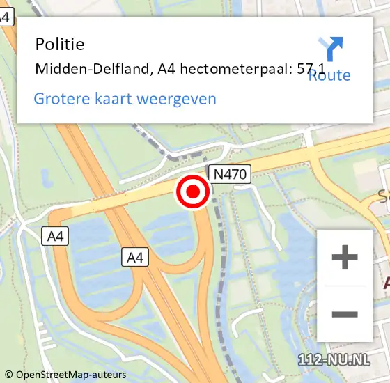 Locatie op kaart van de 112 melding: Politie Delft, A4 hectometerpaal: 57,1 op 8 september 2021 14:24