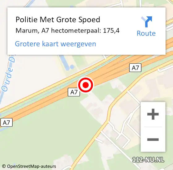 Locatie op kaart van de 112 melding: Politie Met Grote Spoed Naar Marum, A7 hectometerpaal: 175,4 op 8 september 2021 14:35