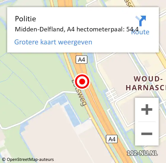 Locatie op kaart van de 112 melding: Politie Midden-Delfland, A4 hectometerpaal: 54,4 op 8 september 2021 16:07