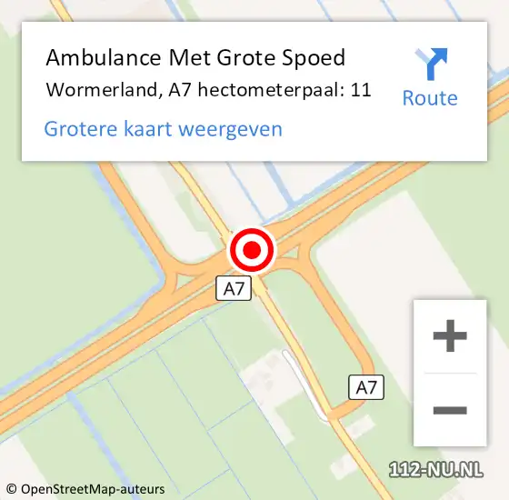 Locatie op kaart van de 112 melding: Ambulance Met Grote Spoed Naar Wormerland, A7 hectometerpaal: 11 op 8 september 2021 16:16