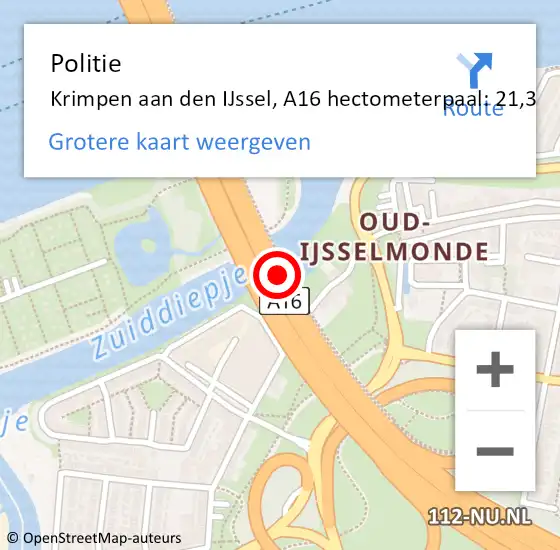 Locatie op kaart van de 112 melding: Politie Rotterdam, A16 hectometerpaal: 21,3 op 8 september 2021 17:11
