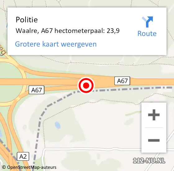 Locatie op kaart van de 112 melding: Politie Waalre, A67 hectometerpaal: 23,9 op 8 september 2021 17:19