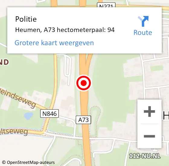 Locatie op kaart van de 112 melding: Politie Heumen, A73 hectometerpaal: 94 op 8 september 2021 17:31