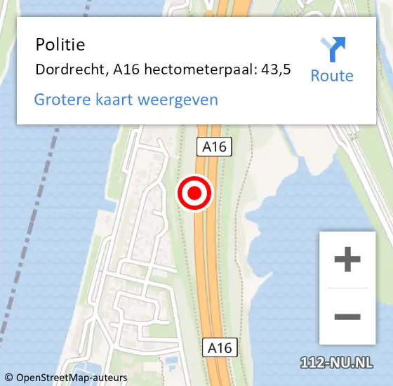 Locatie op kaart van de 112 melding: Politie Dordrecht, A16 hectometerpaal: 43,5 op 8 september 2021 18:23