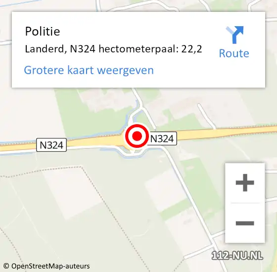 Locatie op kaart van de 112 melding: Politie Landerd, N324 hectometerpaal: 22,2 op 8 september 2021 19:04