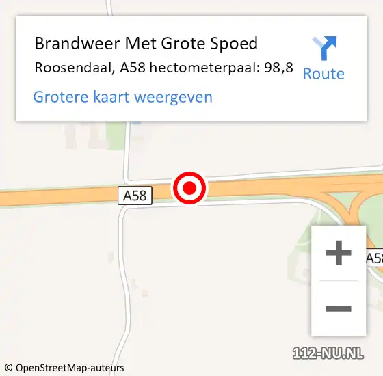 Locatie op kaart van de 112 melding: Brandweer Met Grote Spoed Naar Roosendaal, A58 hectometerpaal: 98,8 op 8 september 2021 20:12