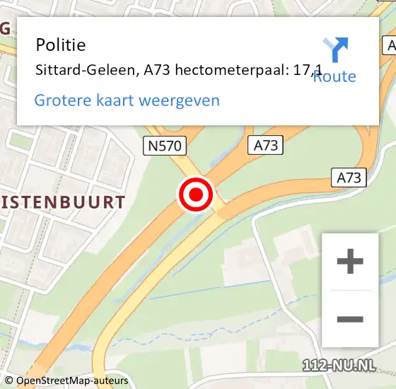 Locatie op kaart van de 112 melding: Politie Sittard-Geleen, A73 hectometerpaal: 17,1 op 8 september 2021 20:54