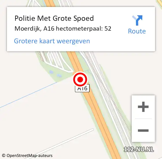 Locatie op kaart van de 112 melding: Politie Met Grote Spoed Naar Moerdijk, A16 hectometerpaal: 52 op 8 september 2021 21:10