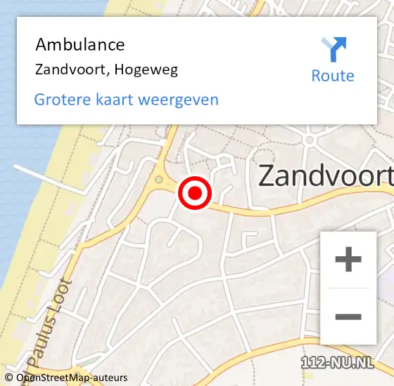 Locatie op kaart van de 112 melding: Ambulance Zandvoort, Hogeweg op 8 september 2021 21:28