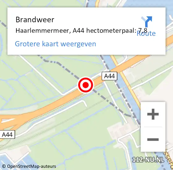 Locatie op kaart van de 112 melding: Brandweer Haarlemmermeer, A44 hectometerpaal: 7,8 op 8 september 2021 21:31