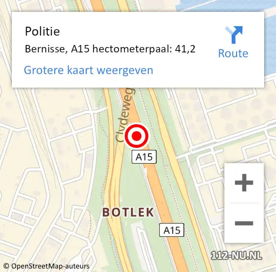 Locatie op kaart van de 112 melding: Politie Bernisse, A15 hectometerpaal: 41,2 op 8 september 2021 22:15