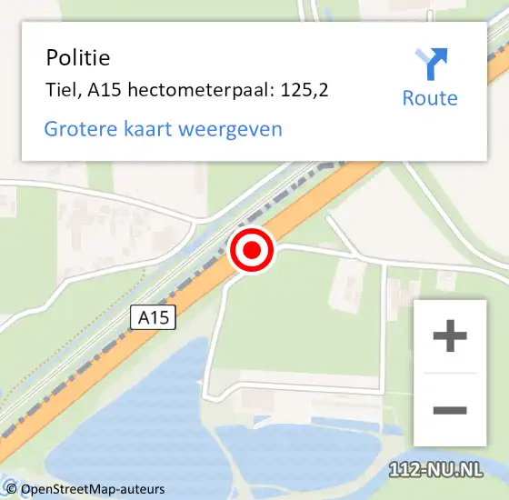 Locatie op kaart van de 112 melding: Politie Tiel, A15 hectometerpaal: 125,2 op 9 september 2021 01:25