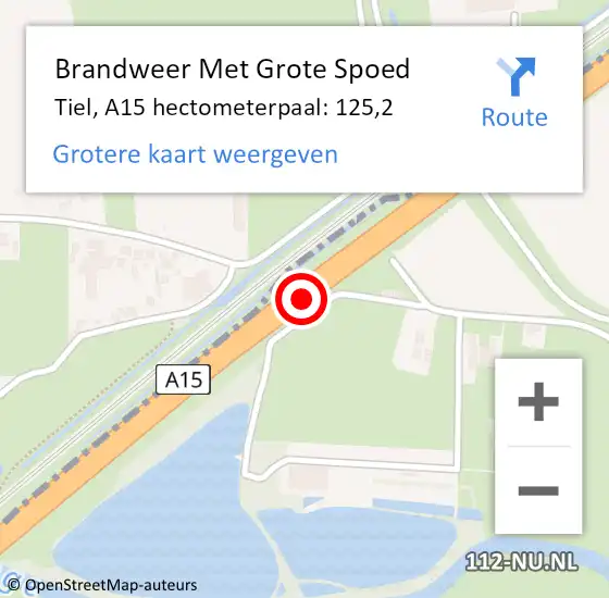 Locatie op kaart van de 112 melding: Brandweer Met Grote Spoed Naar Tiel, A15 hectometerpaal: 125,2 op 9 september 2021 01:26